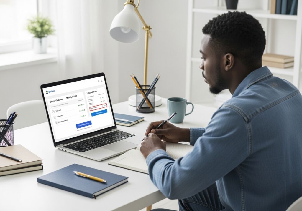 Student reviewing course modules and fee structure online degree before applying, highlighting research and preparation for success.