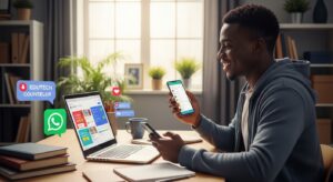 Nigerian student sitting at a desk, smiling while chatting with an EduTech counselor on WhatsApp on a smartphone, laptop open displaying online course options, notifications popping up, bright modern room, digital learning vibe, realistic style.
