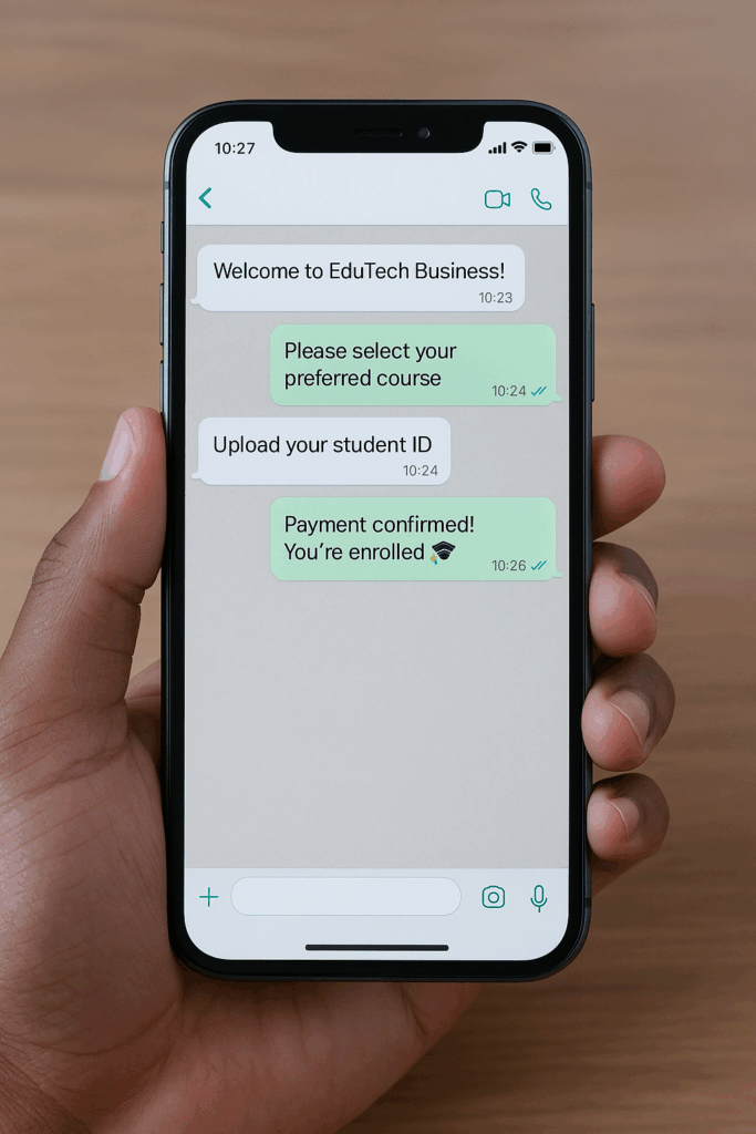 Screenshot-style digital view of a WhatsApp conversation showing step-by-step student enrollment, colorful interface, realistic smartphone perspective.
