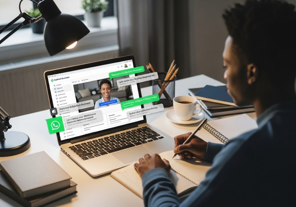 Student reviewing online course materials on a laptop, taking notes, with WhatsApp chat bubbles showing guidance from counselor, cozy study environment.