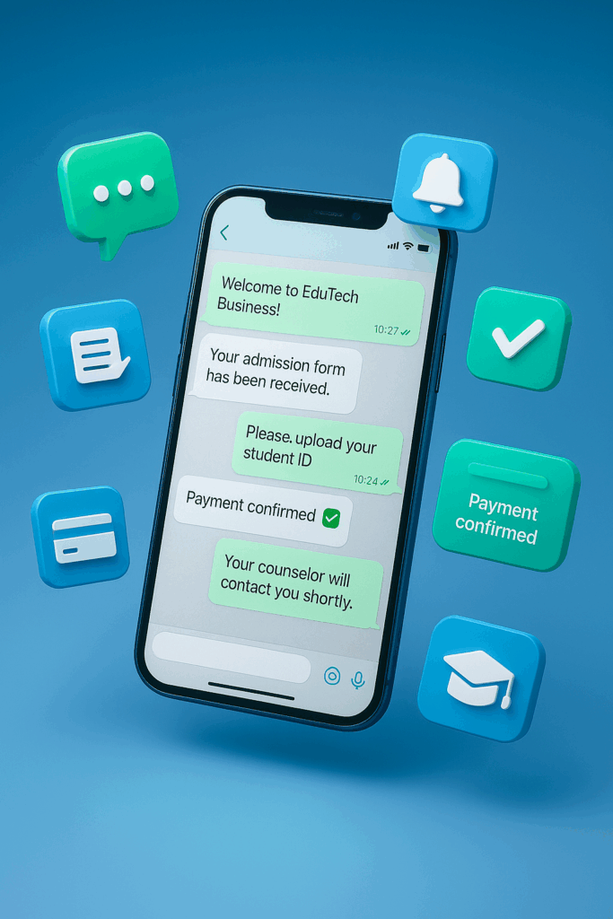 Visual showing multiple WhatsApp notifications for admission updates, automated responses, document submission icons floating around, vibrant colors.