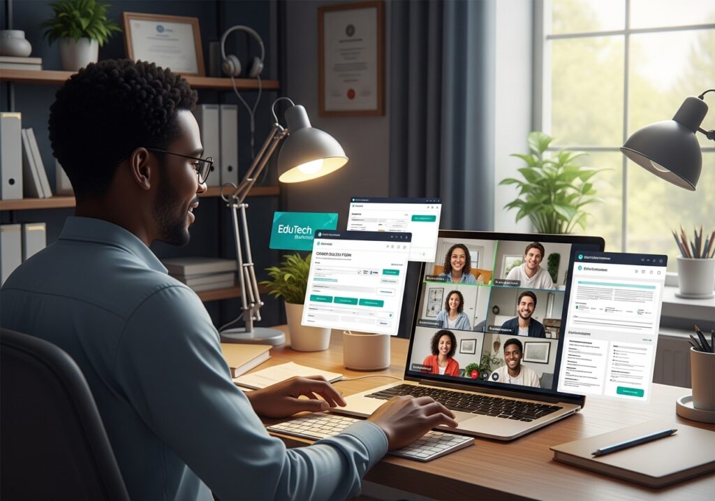 Student reviewing online course materials on a laptop, taking notes, with WhatsApp chat bubbles showing guidance from counselor, cozy study environment.