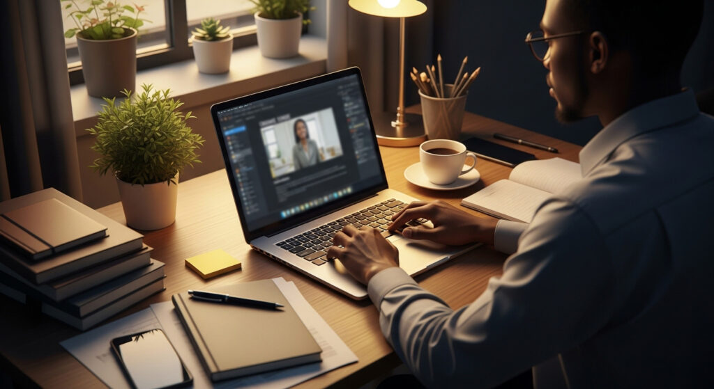 A student reviewing a digital timetable on a laptop while preparing to study online.