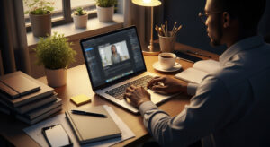 A student reviewing a digital timetable on a laptop while preparing to study online.