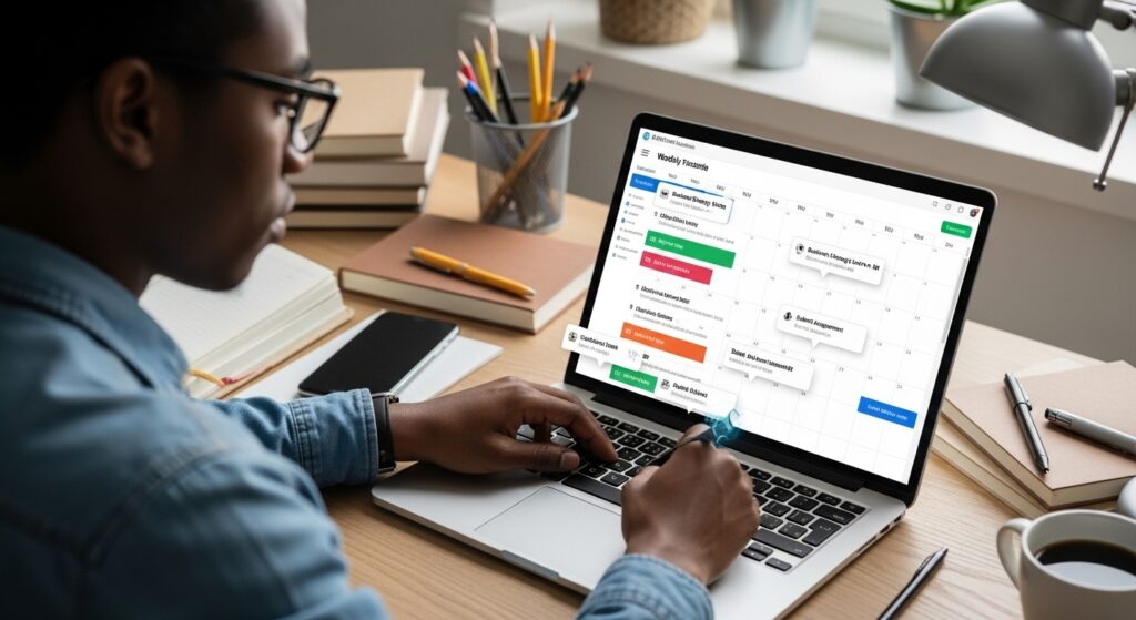 A student reviewing a digital timetable on a laptop while preparing to study online.