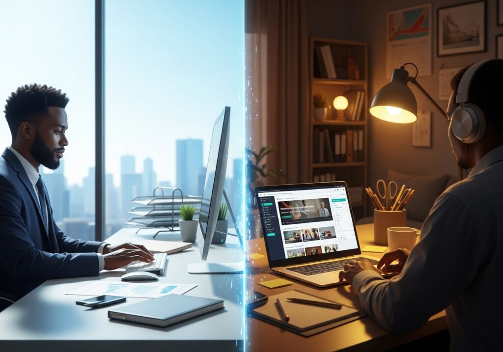 A working professional balancing daytime office tasks and nighttime coursework, using digital platforms in both settings to study online and manage career growth