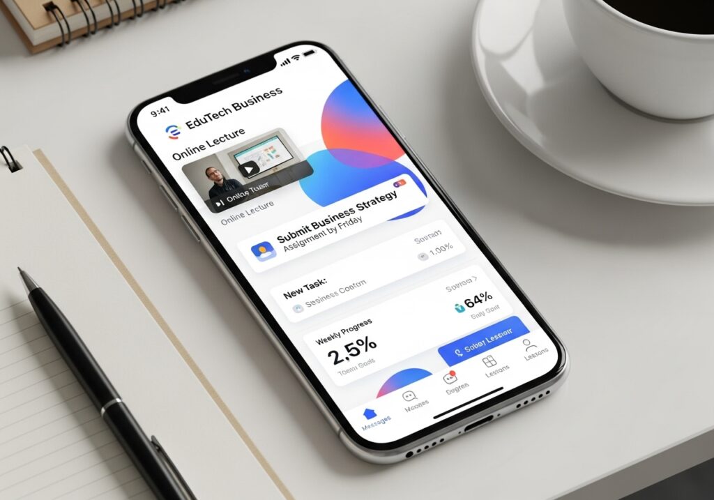 A student checking an EduTech app on a smartphone while planning to study online.