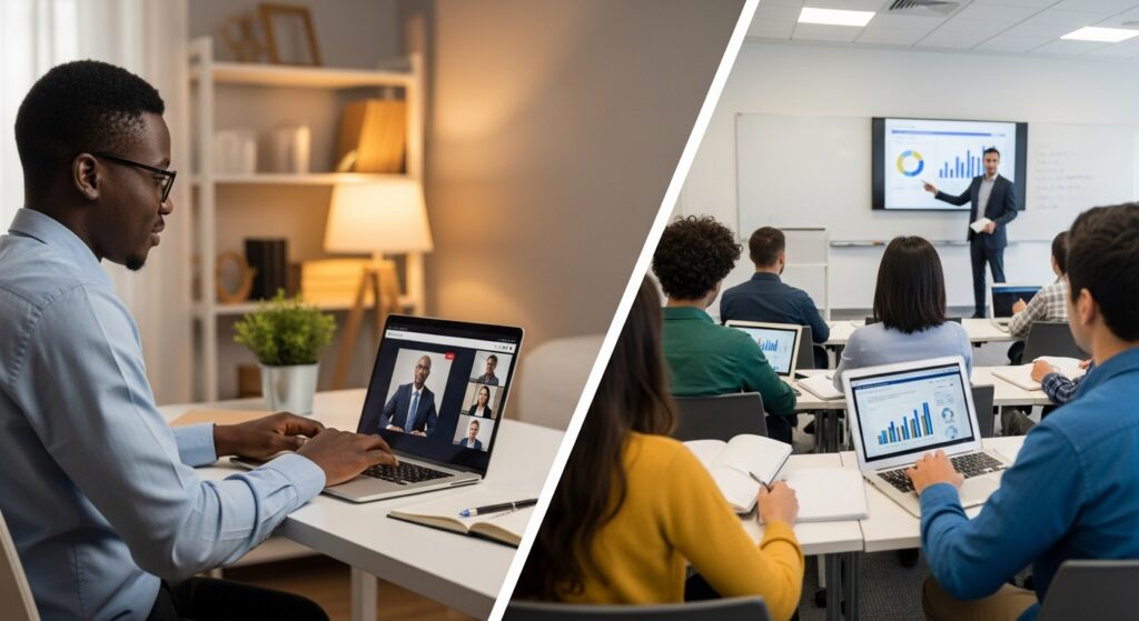 A man studying on his laptop at home during an online class, compared side-by-side with a classroom of students attending an on-campus lecture, showing the difference between an online MBA and an on-campus MBA learning environment.