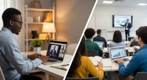 A man studying on his laptop at home during an online class, compared side-by-side with a classroom of students attending an on-campus lecture, showing the difference between an online MBA and an on-campus MBA learning environment.