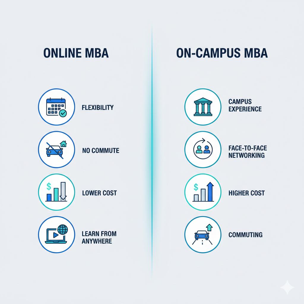A comparison graphic showing key differences between an online MBA and an on-campus MBA, highlighting flexibility, no commute, and lower cost for online MBA students versus networking and campus experience for on-campus MBA learners.