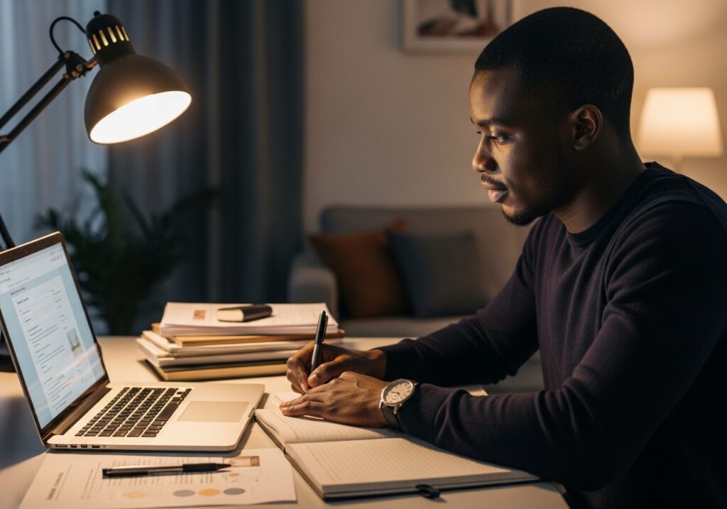 A focused professional working late at his desk with a laptop and notes, representing the flexibility of an online MBA for busy individuals who study from home at their own pace.