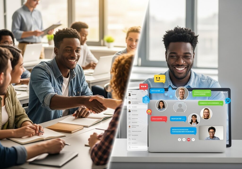 A split-screen image of a student interacting in a physical classroom and another student joining virtual discussions online, showing how online MBA networking compares with on-campus networking.