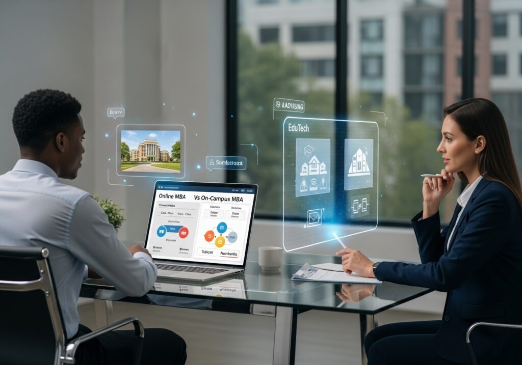 A business meeting where a student reviews online MBA and on-campus MBA options on a laptop with digital university icons displayed, showing how learners use EduTech guidance to choose the right MBA format.