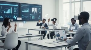Students using VR headsets and digital dashboards in a smart classroom showing the future of higher education.