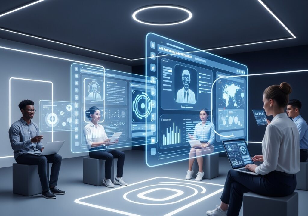 Learners interacting with holographic screens and AI tools in a virtual lab representing the future of higher education.