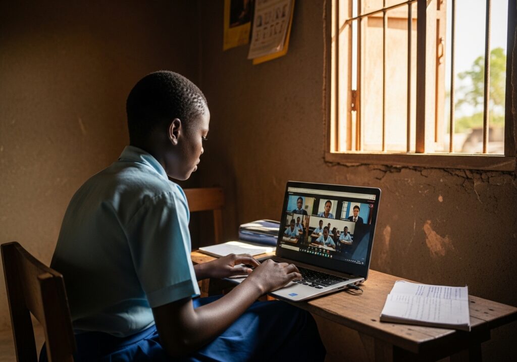 Student attending an online class from home on a laptop, showing digital access shaping the future of higher education.