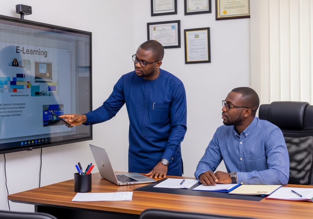 Teacher explaining e-learning content on a screen to a student, reflecting technology adoption in the future of higher education.