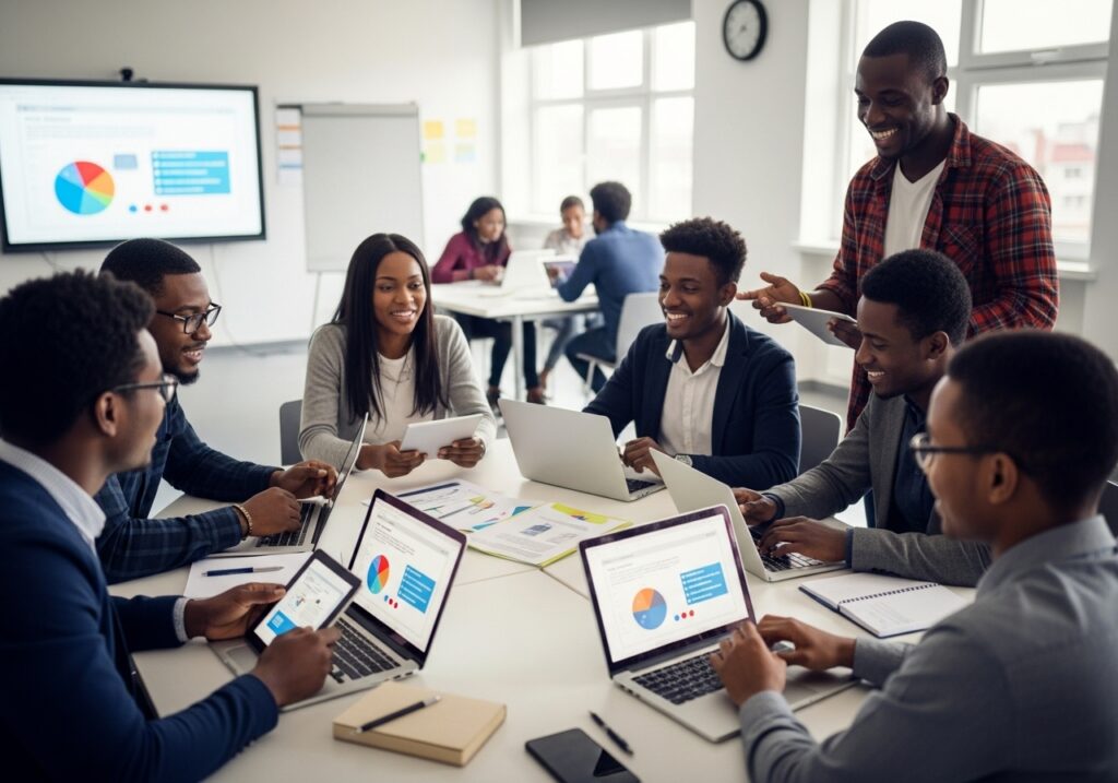 Group of students collaborating on laptops and tablets in a modern classroom, highlighting teamwork in the future of higher education.