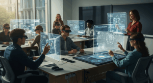 Students wear smart AR headsets in a digital classroom while interacting with real-time data screens, showing how AI in education powers immersive learning, live simulations, and shared problem solving in higher education.