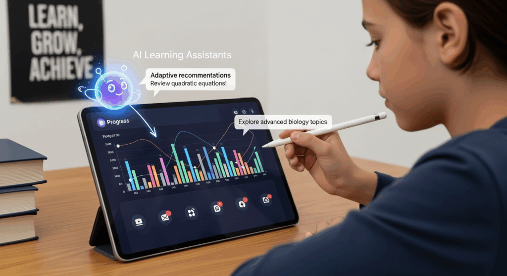 A student tracks learning progress on a tablet while an AI assistant suggests topics and study actions, showing how AI in education supports adaptive learning, skill gaps tracking, and personalised lesson recommendations.
