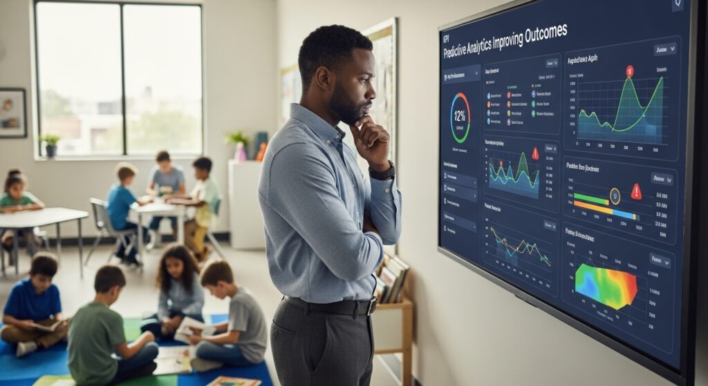 An education administrator reviews an AI policy document on a laptop with digital security icons, showing how AI in education supports data protection, cloud security, and safe use of student information in universities.