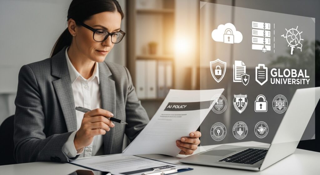 A teacher studies a classroom performance dashboard on a large screen while students learn in groups, showing how AI in education uses predictive analytics to track student progress and improve learning outcomes.