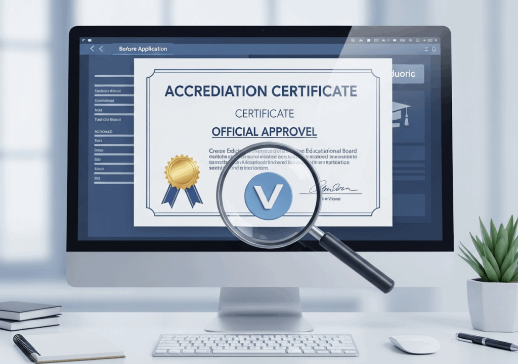 Accreditation online degrees
certificate displayed on a computer screen with a magnifying glass symbolizing verification before application.