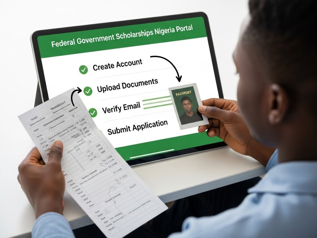 Student completing the online application steps for federal government scholarships in Nigeria, showing account creation, document upload, and passport verification.
