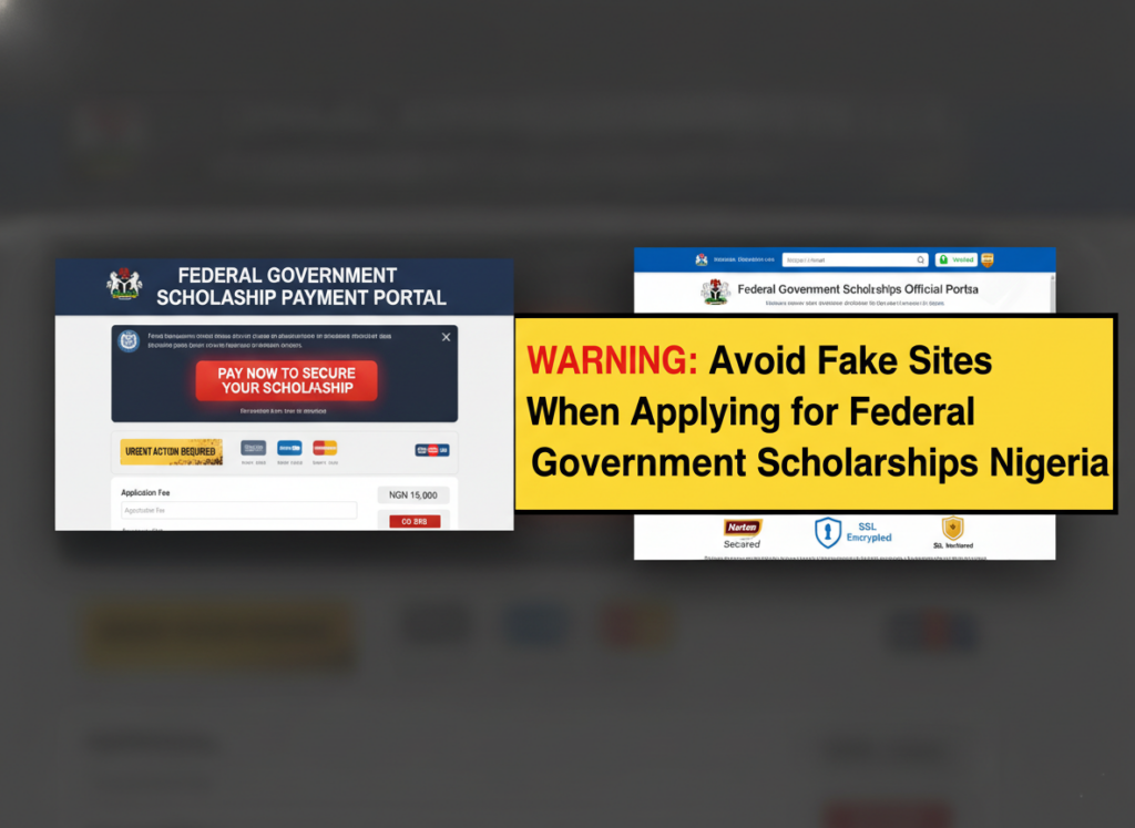 Warning graphic showing fake scholarship websites to help applicants learn how to apply for federal government scholarships in Nigeria safely without falling for scams.