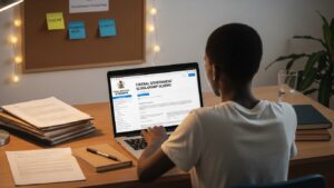 A student using a laptop to research how to apply for federal government scholarships in Nigeria, with documents and study materials on the desk.