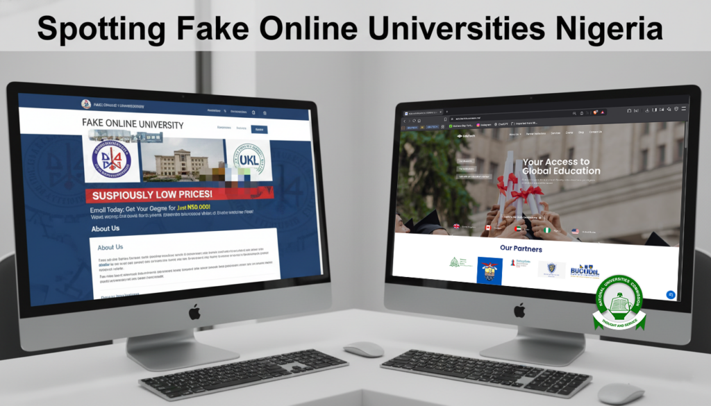 Side-by-side comparison showing fake vs verified online universities in Nigeria with warning signs and trusted accreditation indicators