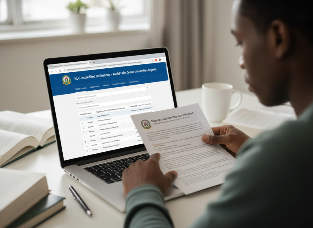 Student verifying online universities in Nigeria by checking NUC accreditation list on official government portal