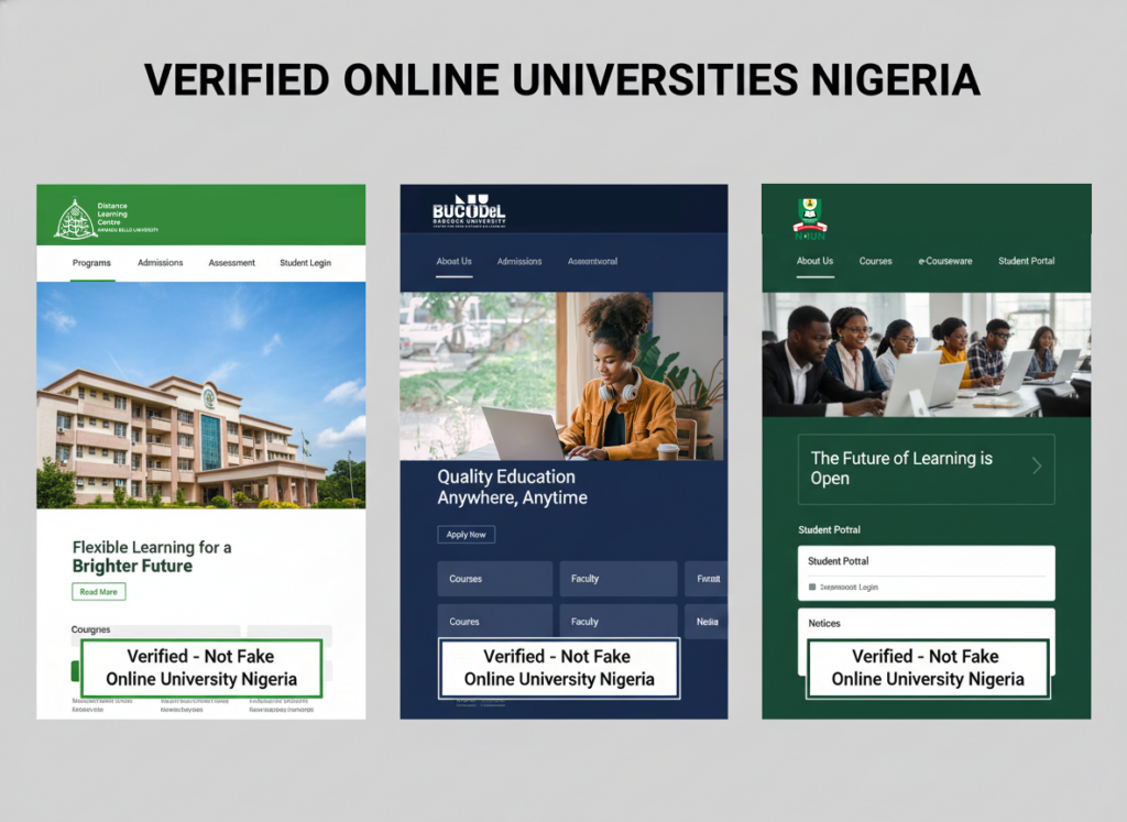 Verified online universities in Nigeria including ABU DLC, Babcock Distance Learning, and NOUN with secure portals