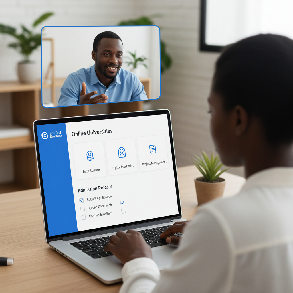 EduTech Business counsellor guiding student through admission without JAMB for online universities
