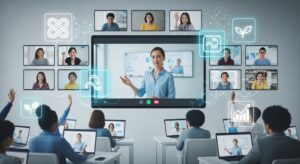 Students attending a live virtual class through online learning platforms, showing global classrooms, video instruction, and real time interaction.