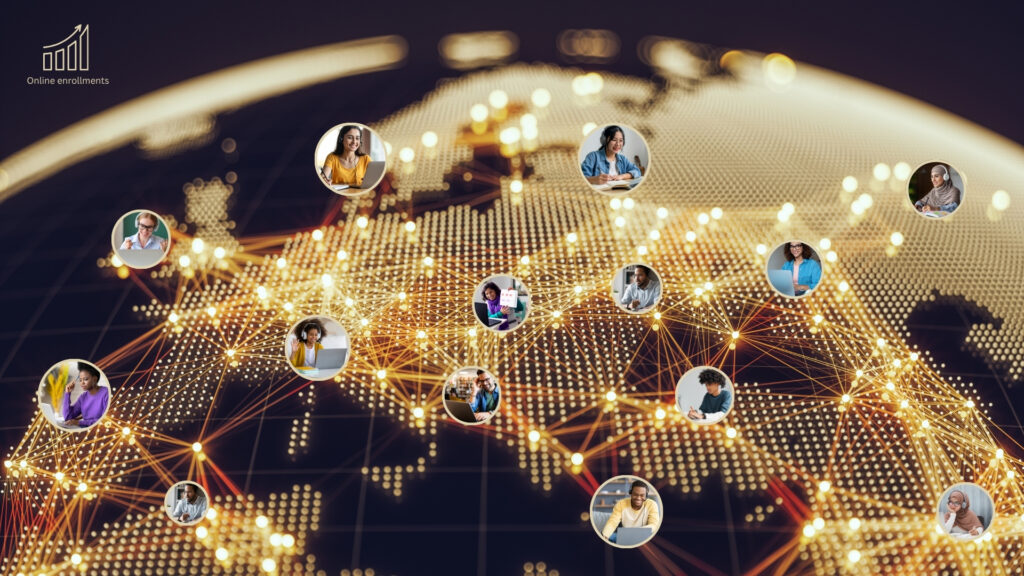 Online learning platforms connecting students worldwide through digital classrooms, global enrollments, and remote education access.
