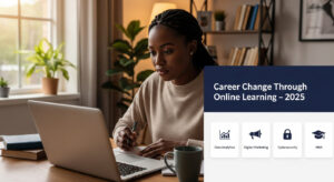 Career change through online learning in Nigeria with a woman studying on a laptop for a new digital job in 2025