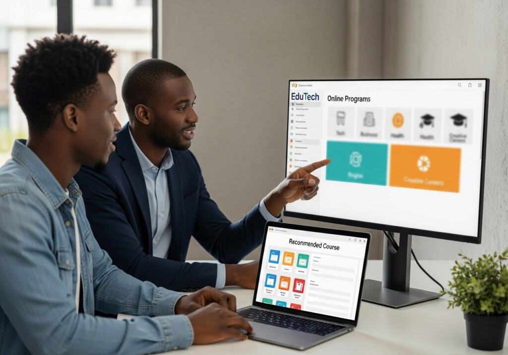 Two Nigerian learners exploring online degree programs for career change through online learning with EduTech support