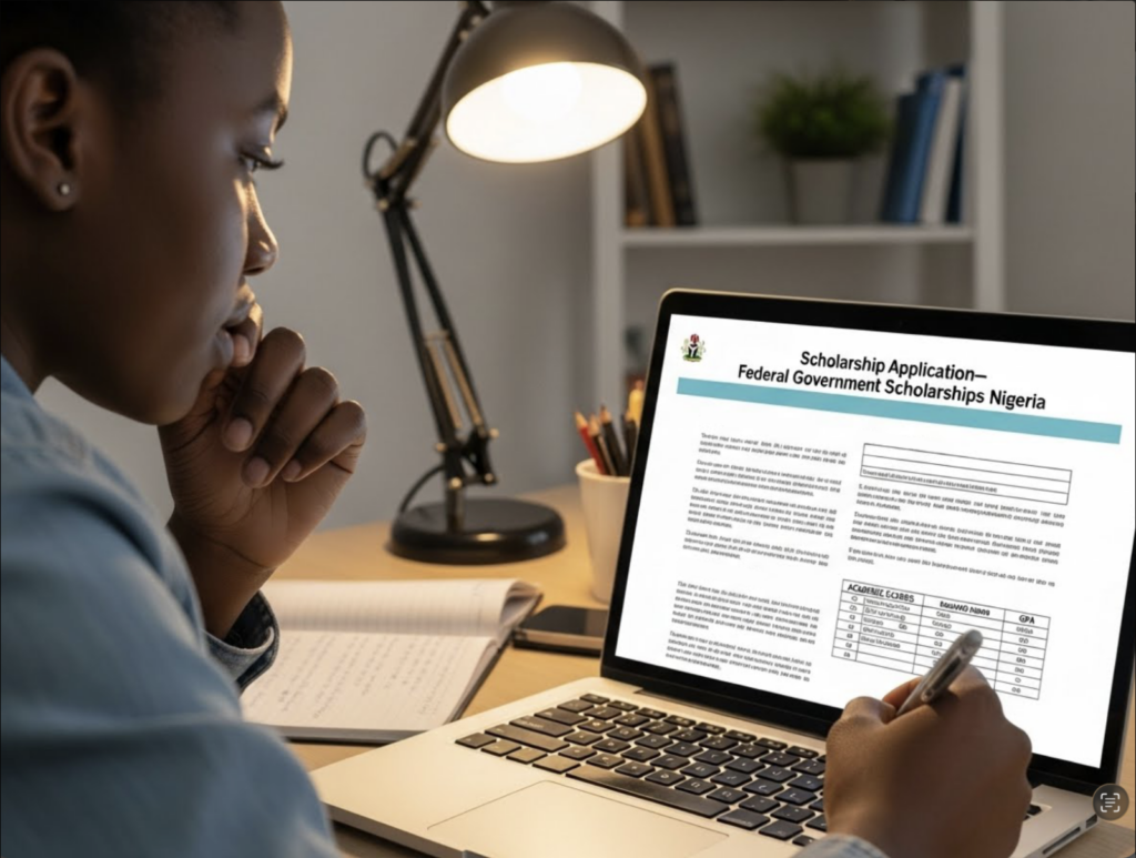 Student reviewing and filling an online form while learning how to apply for federal government scholarships in Nigeria on a laptop during study time.