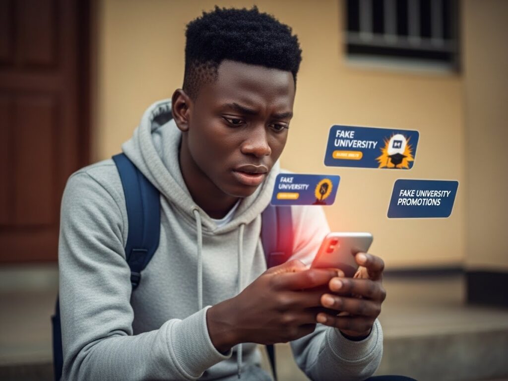 Student reviewing online information to identify fake universities in Nigeria and misleading admission offers