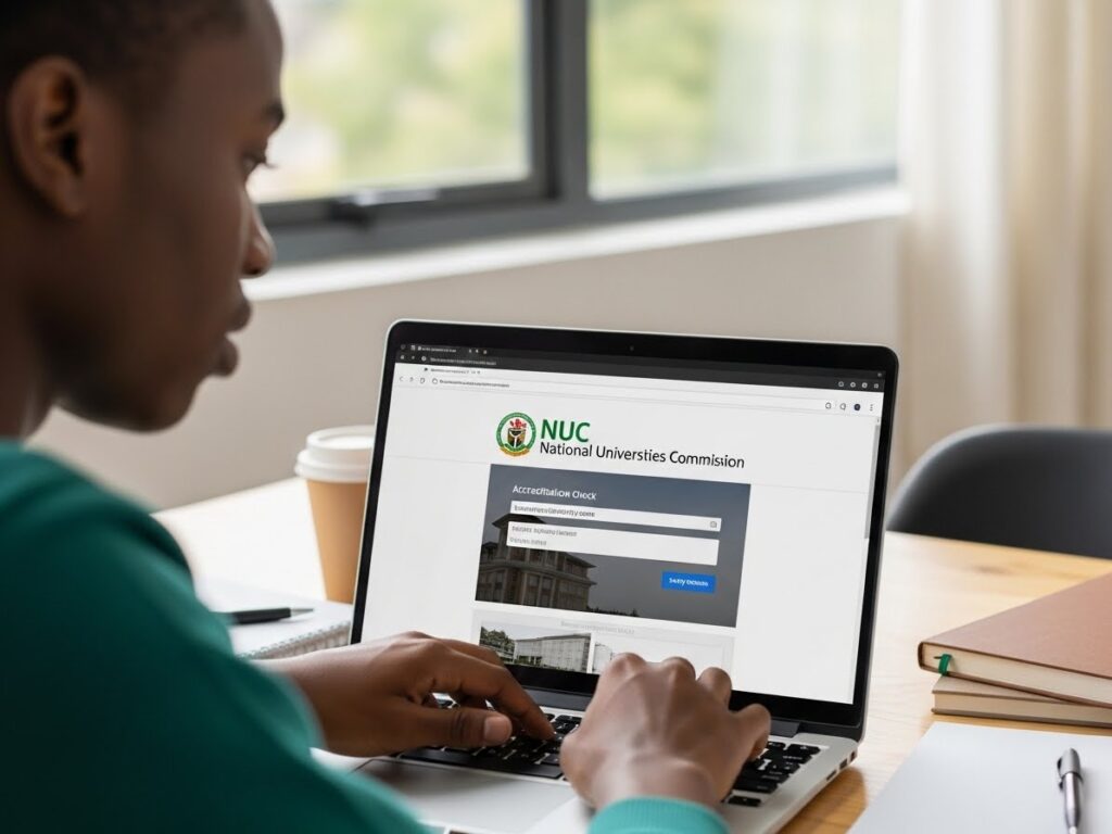 Student verifying university accreditation on the NUC website to avoid fake universities in Nigeria