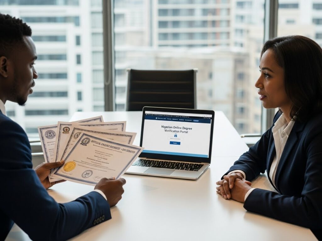 Employer verifying certificates to address online degree myths Nigeria around acceptance and accreditation