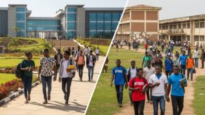 Modern private campus and crowded public campus showing private vs public universities in Nigeria with differences in infrastructure, space, and student experience