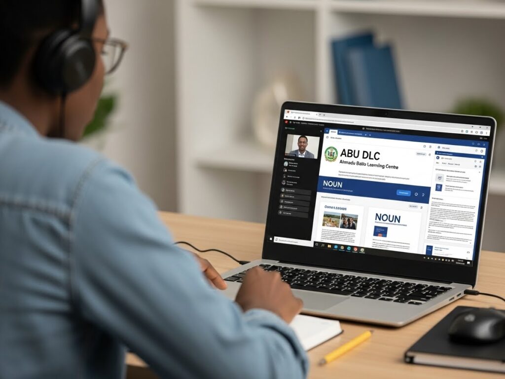 Student attending online classes through ABU DLC platform showing distance learning options in private vs public universities in Nigeria