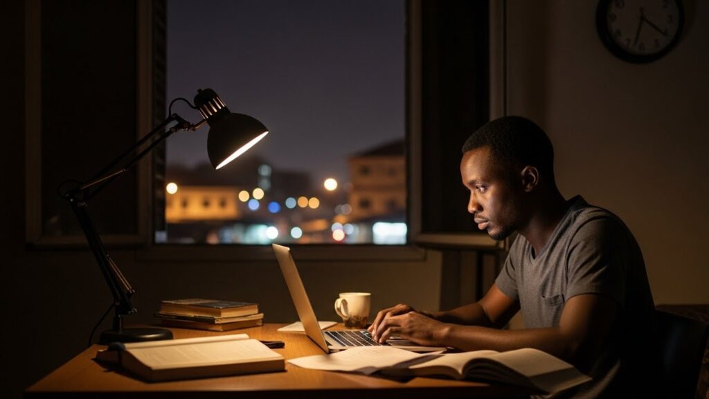 Nigerian working professional studying at night on a laptop, showing how distance learning in Nigeria supports flexible education for busy adults