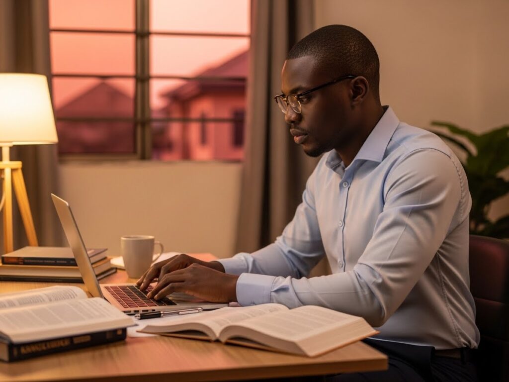 Nigerian student studying from home with books and laptop, highlighting distance learning in Nigeria for self-paced learners