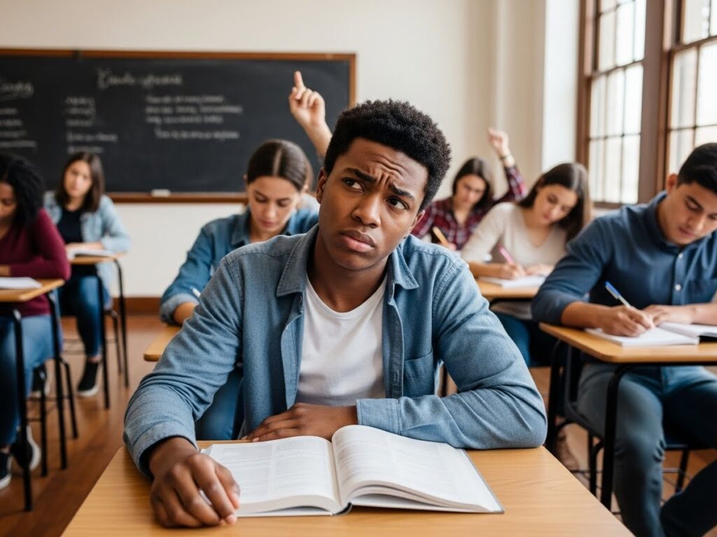 Nigerian classroom with students writing exams, representing how distance learning in Nigeria differs from traditional campus study