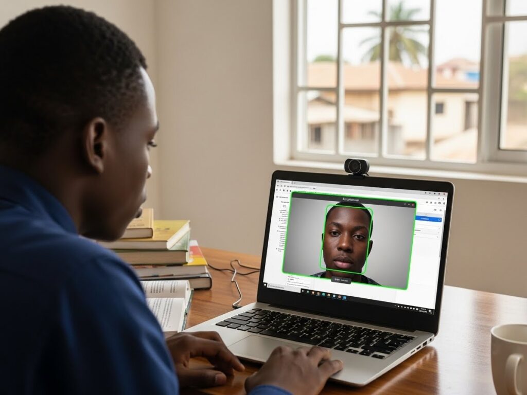 Nigerian student taking an online exam with identity verification, showing assessment process in distance learning in Nigeria