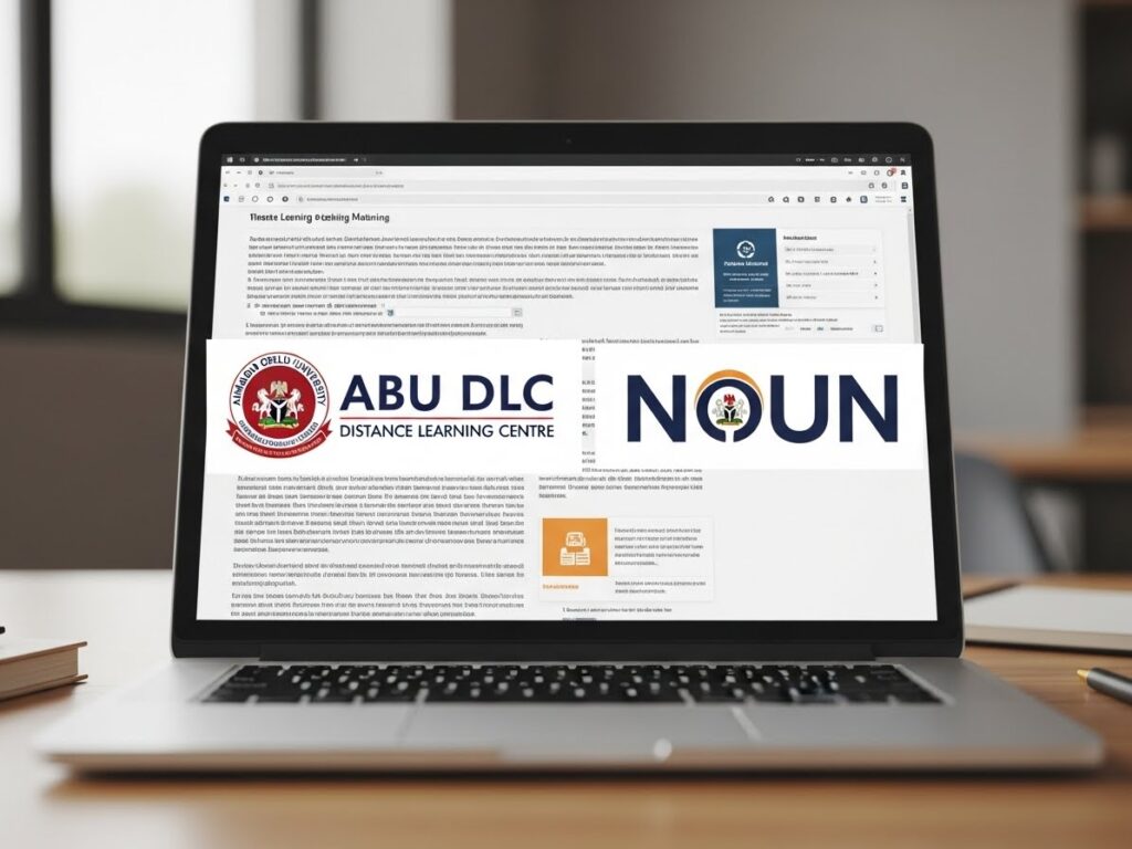Laptop screen showing ABU Distance Learning Centre and NOUN websites, explaining trusted universities offering distance learning in Nigeria