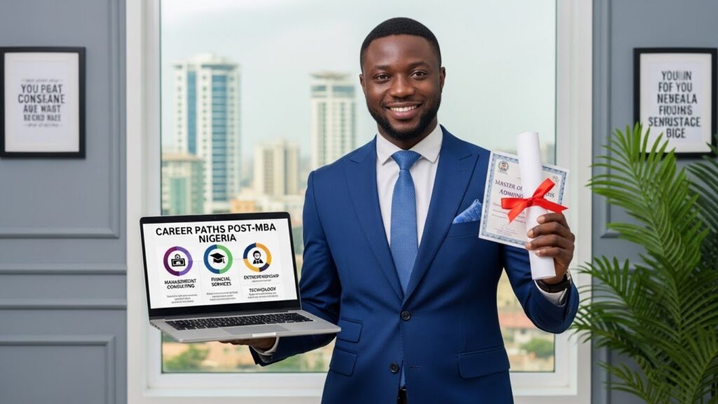 Nigerian professional holding MBA certificate and presenting career paths highlighting online MBA career opportunities in Nigeria